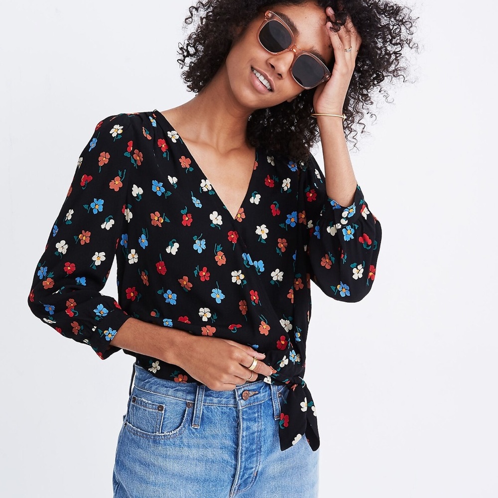 Madewell Wrap Top in Pressed Flowers Black Cropped Long Sleeve Blouse Size XS